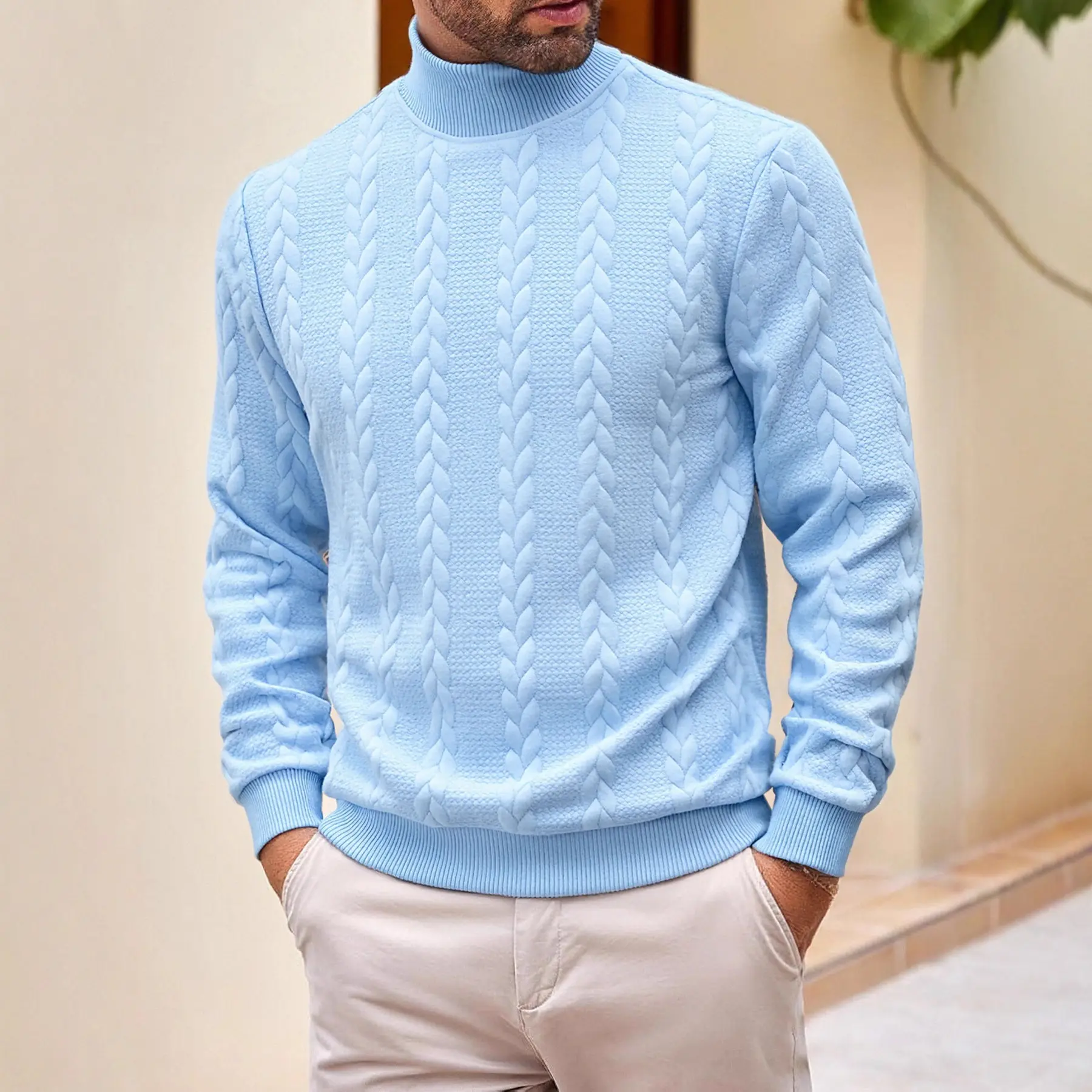 Mens Fashionable Jacquard Turtleneck Warm Sweater