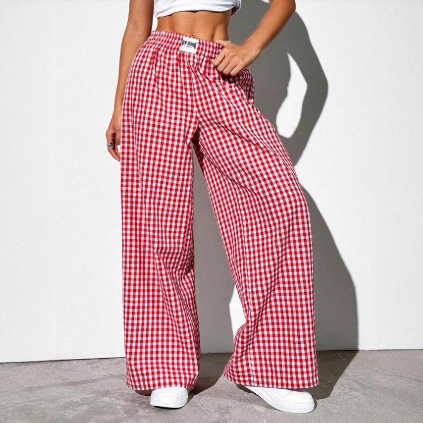 New Style Cotton Plaid Loose Casual Pants With Pockets