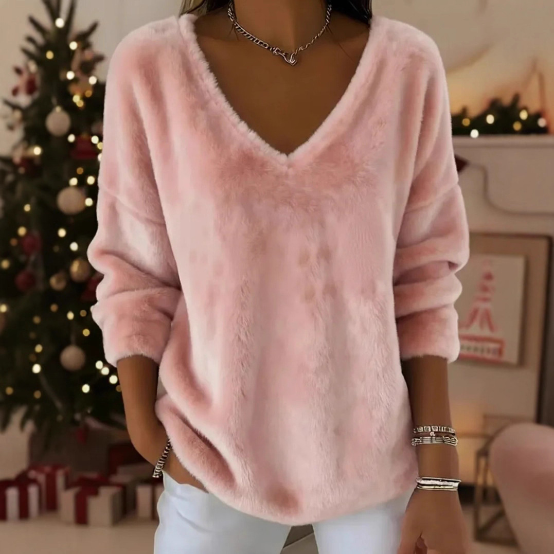 New Womens Plush Pullover With A Drop-shoulder V-neck And Long Sleeves