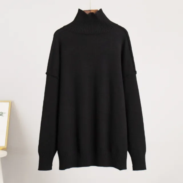 Patchwork Turtleneck Sweater Women's European And American Autumn And Winter Leisure Loose Black - Shop at LoveMi
