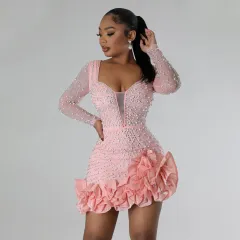 Heavy Embroidery Hot Drilling Beaded Ruffled Stitching Skinny Sheath Dress - Pink - View 1