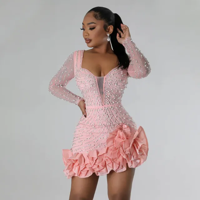 Heavy Embroidery Hot Drilling Beaded Ruffled Stitching Skinny Sheath Dress Pink - Shop at LoveMi