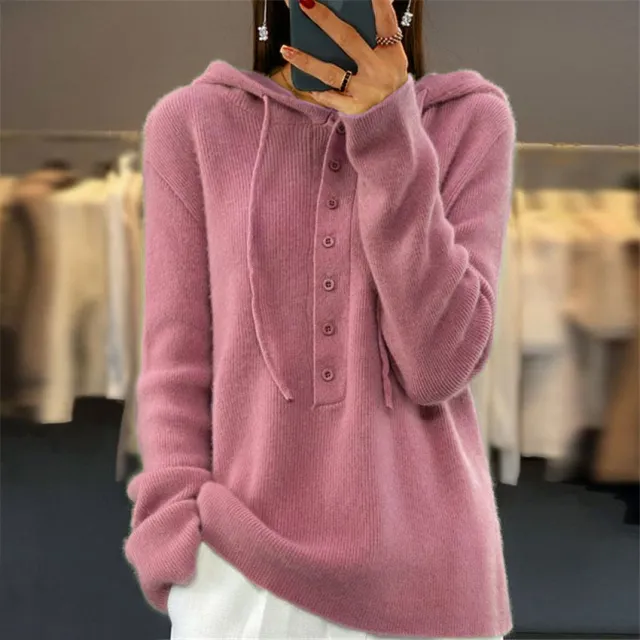 Solid color Long sleeve Hooded Knitted Pullover With Drawstring For Women Pink - Shop at LoveMi