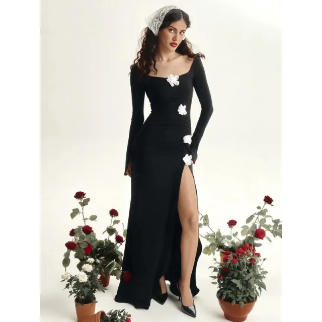 Elegant Long sleeve Pleated Slim fit Split Dress Black - Shop at LoveMi