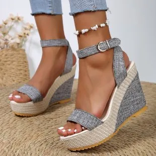 High Heel Denim Fabric Ankle strap Sandals Women Gray - Shop at LoveMi