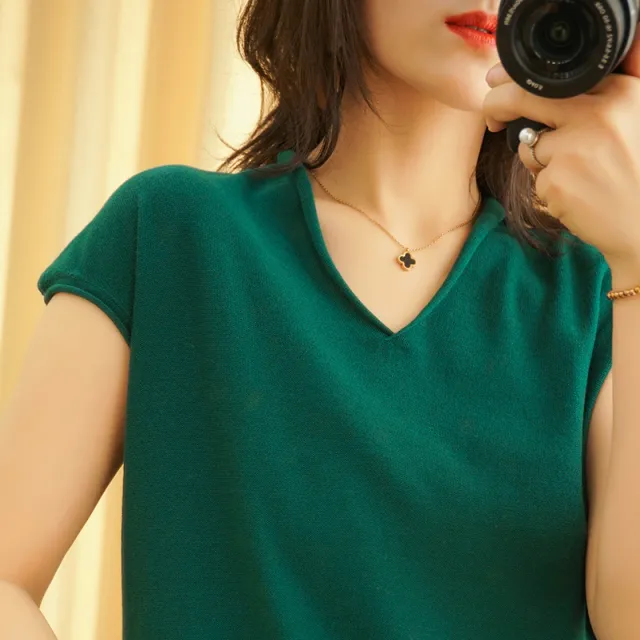 Womens Cotton linen V neck Short sleeve T shirt In Solid Colors Green - Shop at LoveMi