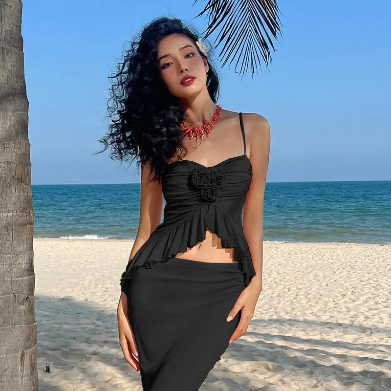 European And American Style Vacation Spaghetti Straps Top Mid-length Dress Set - Black