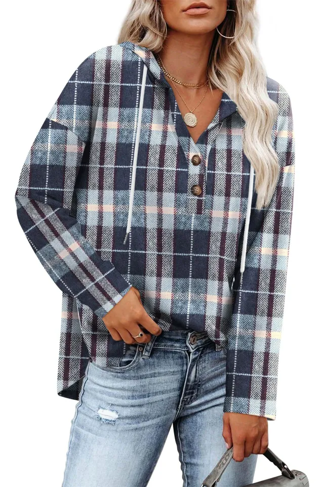 Women's Top V neck Buttons Long sleeved Sweater Shirt Light Blue Plaid - Shop at LoveMi
