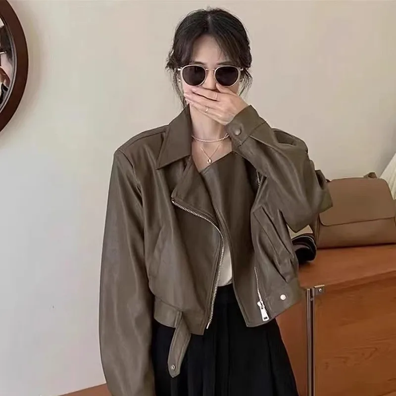 Fashionable And Versatile Slim-fit Biker Leather Short Jacket - Brown
