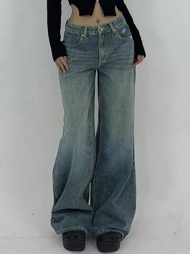 European And American Wide Leg Super Long Mop Jeans Blue - Shop at LoveMi