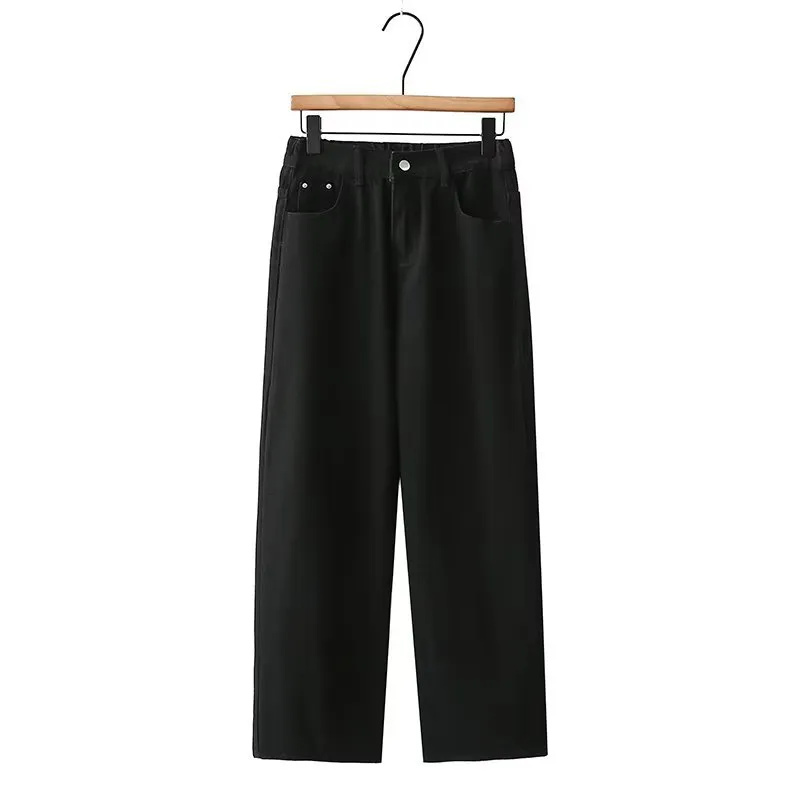 High Waist Slimming Denim Straight-leg Pants Loose - Black