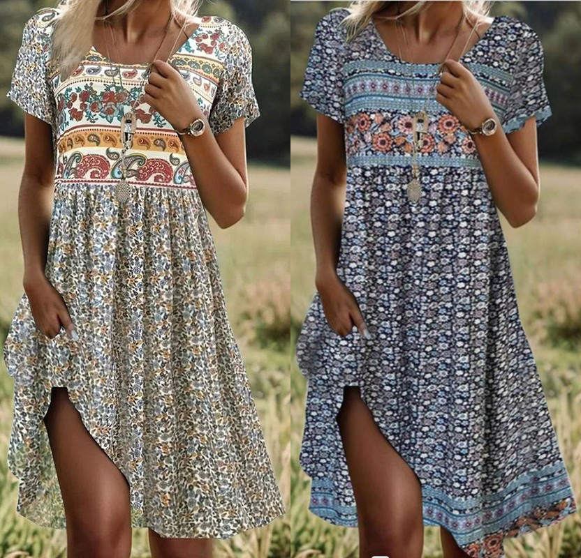 Women's Round Neck Short Sleeve Maxi Dress Bohemian Print Dress