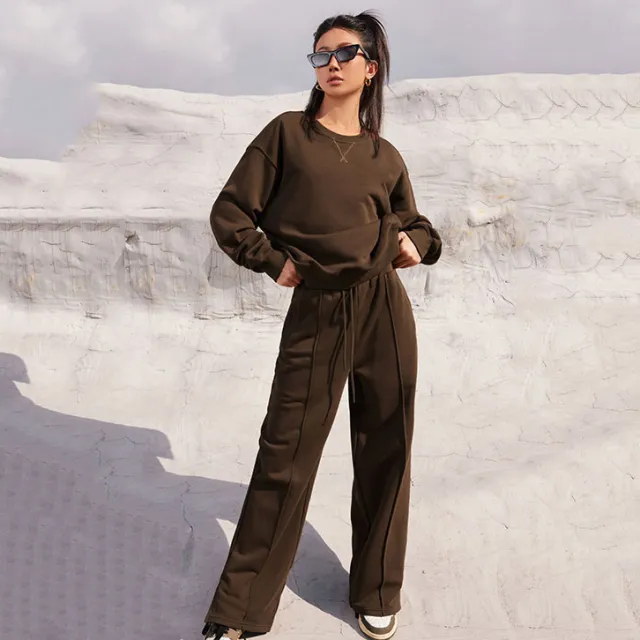 Women's Casual Fashion Round Neck Suit Long sleeved Sweater Brown - Shop at LoveMi