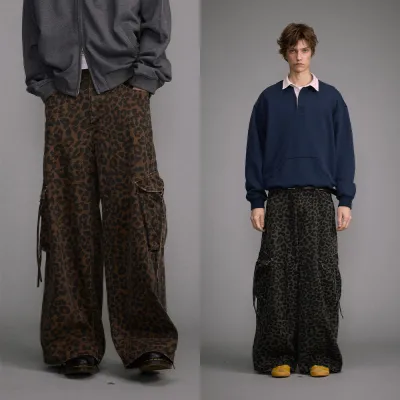 Vintage Leopard Print Wide Leg Pants Washed Old Large Pocket Overalls