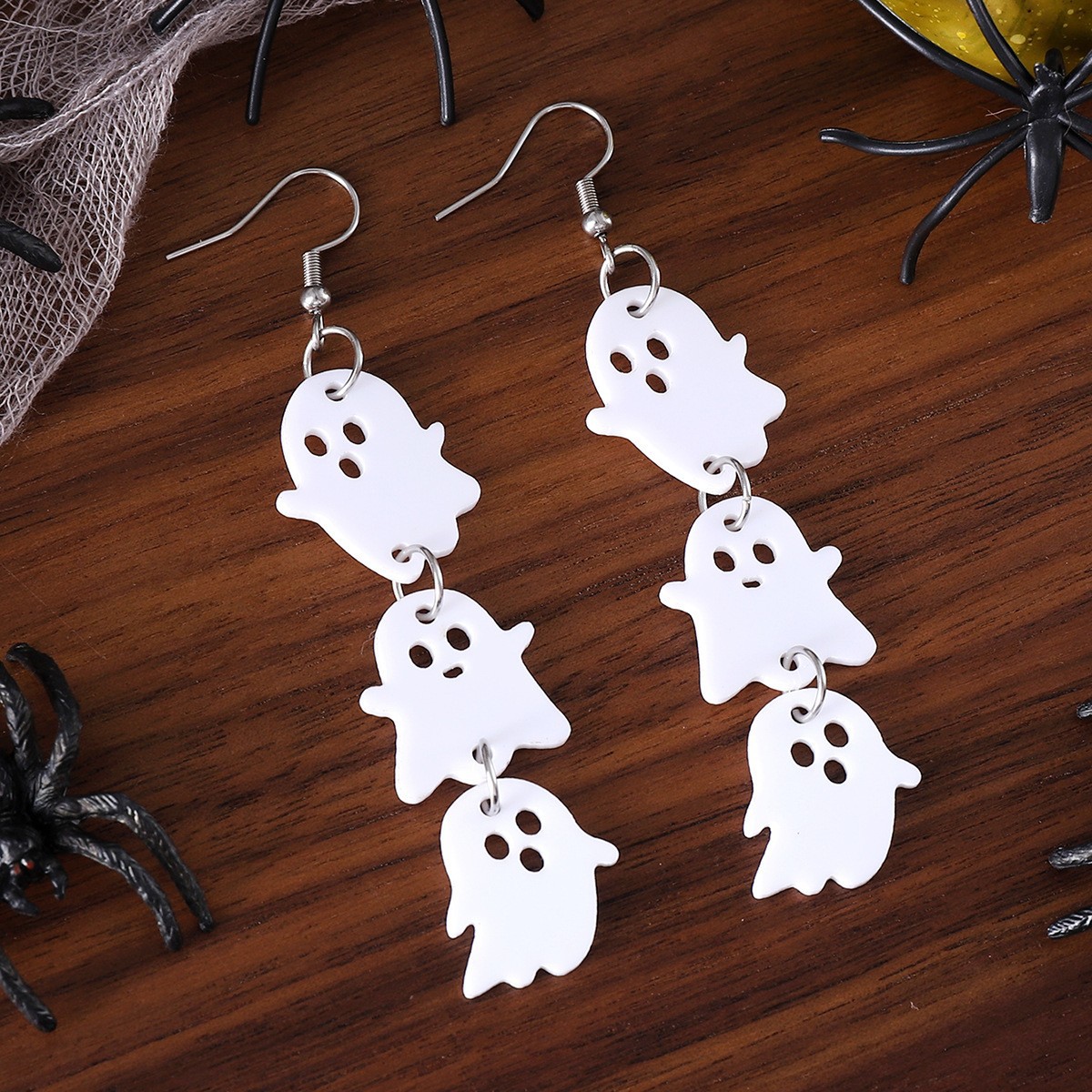 Halloween White Ghost And Black Bat Triptych Earrings