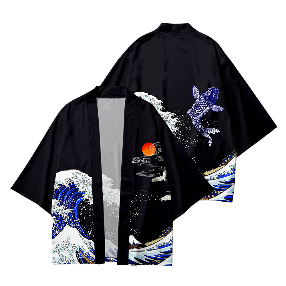 Creative Carp-Print T-Shirt With Feather Cape