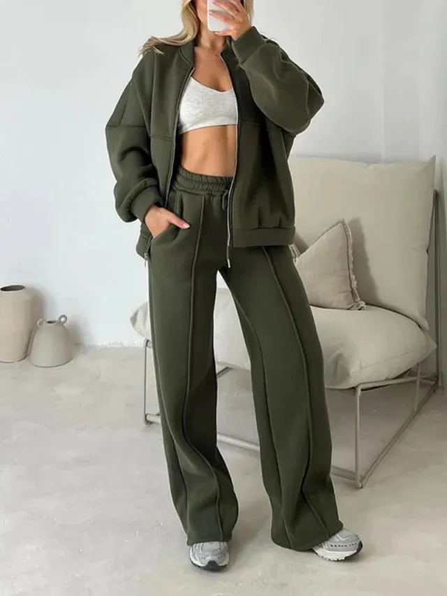 Fashion Casual Solid Color Long sleeved Sweater Zipper Trousers Two piece Set Army Green - Shop at LoveMi