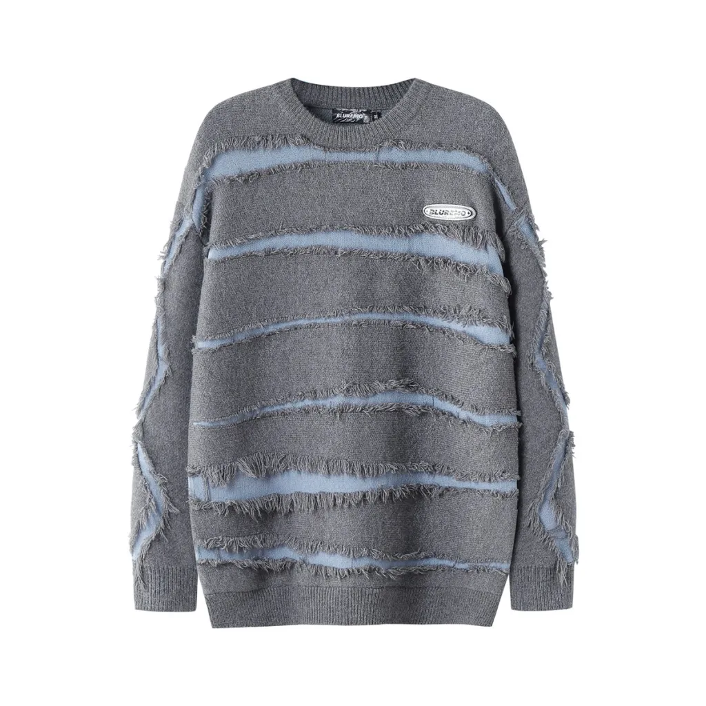 Irregular Cut Deformed Striped Solid Color Sweater - Gray
