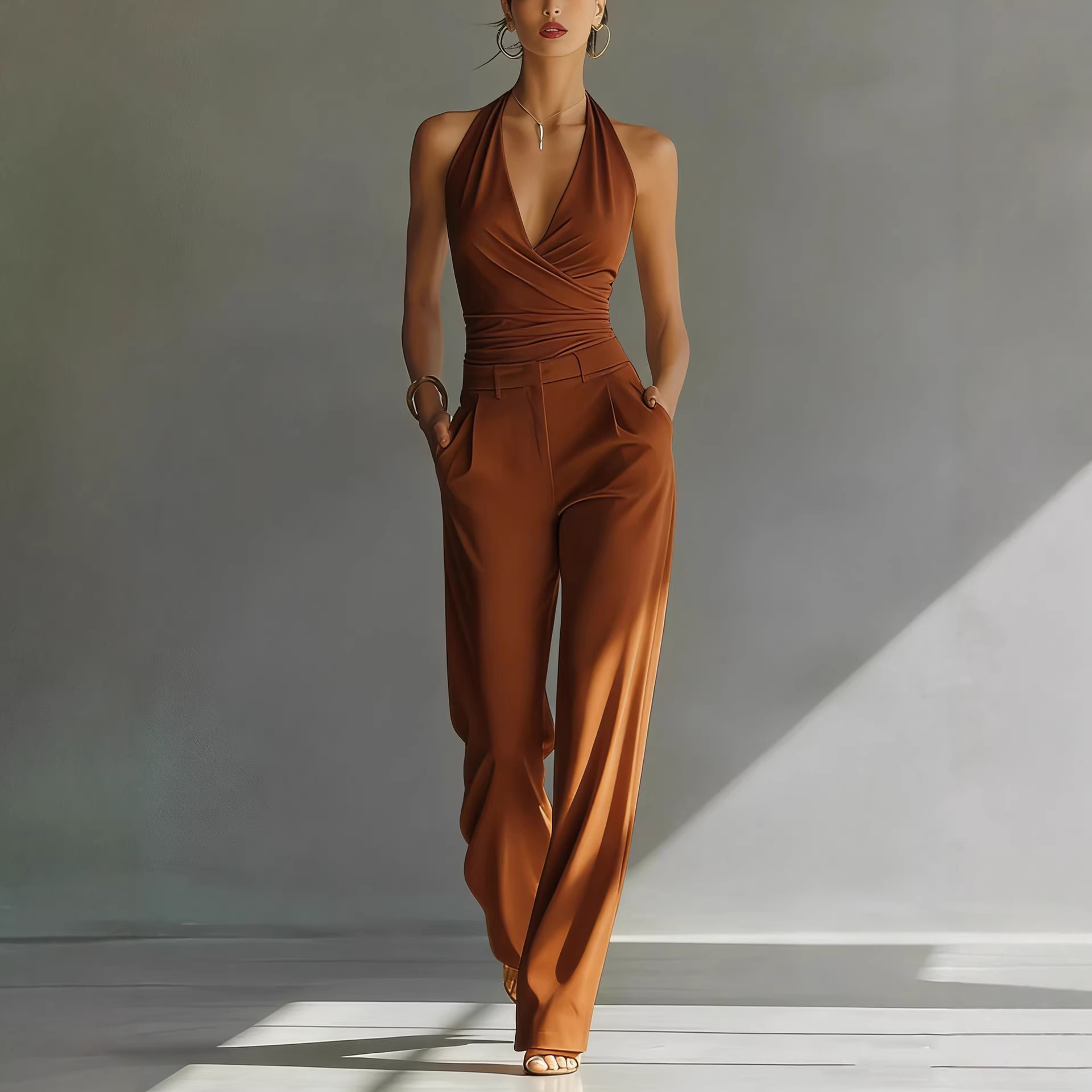 Halter Top And High-waisted Wide-leg Pants Casual Set