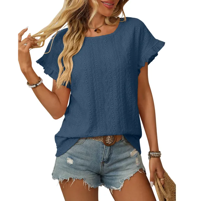 Solid Color Round Neck Sweet Short Sleeve T shirt Hollow Top Dark Blue - Shop at LoveMi