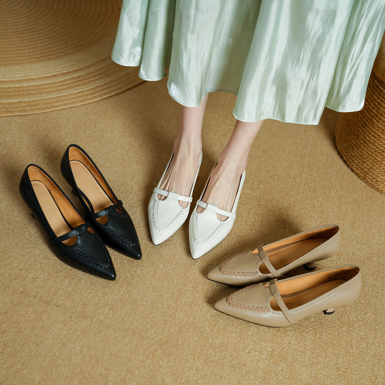 First-layer Cowhide Cloud-step Comfort Retro Pointed-toe Chunky-heel Mary Jane Shoes