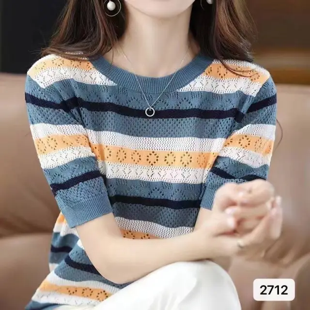 Color Matching Hollow Out Half Sleeve Loose Striped Top Blue - Shop at LoveMi