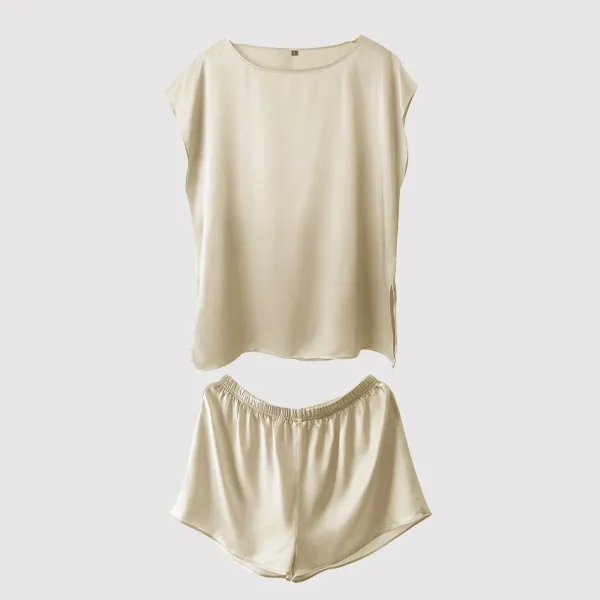 Summer Simple Leisure Silk Sleeveless Shorts Suit Beige - Shop at LoveMi