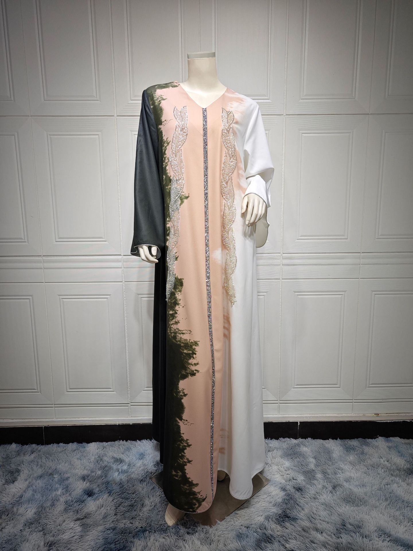 Pearl Embroidery Muslim Dress Tie dye Rhinestone Robe Army Green - Shop at LoveMi
