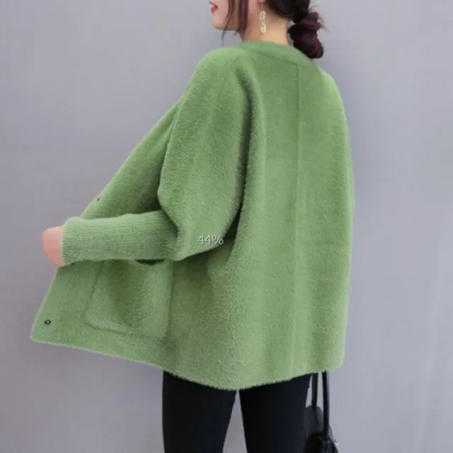 Loose All matching Thickened Double sided Velvet Knitted Cardigan Round Neck Green - Shop at LoveMi