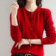 Women's Cardigan Sweater Coat Short Knitwear - Wine - View 1