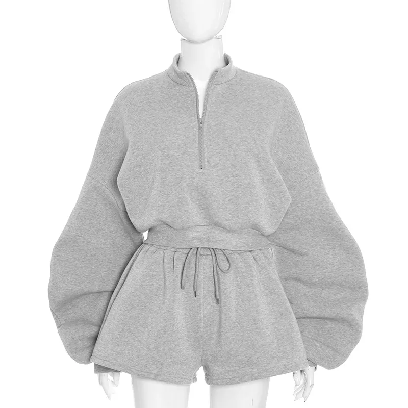 Women's Solid Color Casual Long-sleeved Sweatshirt Top With Loose Three-point Shorts Set - Gray