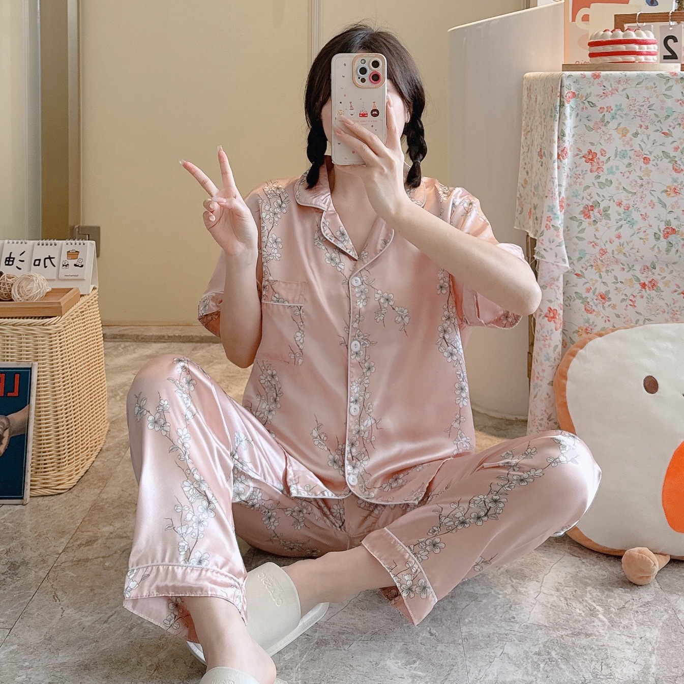 Summer Casual Short Sleeve Comfortable Lapel Ice Silk Home Wear Women 13 Style M - Shop at LoveMi