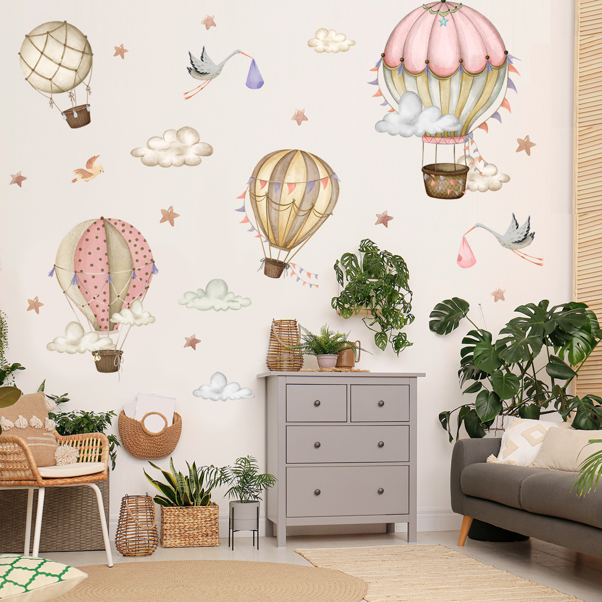 Title 5, Cartoon Hot Air Balloon Clouds Wall Sticker Bac...