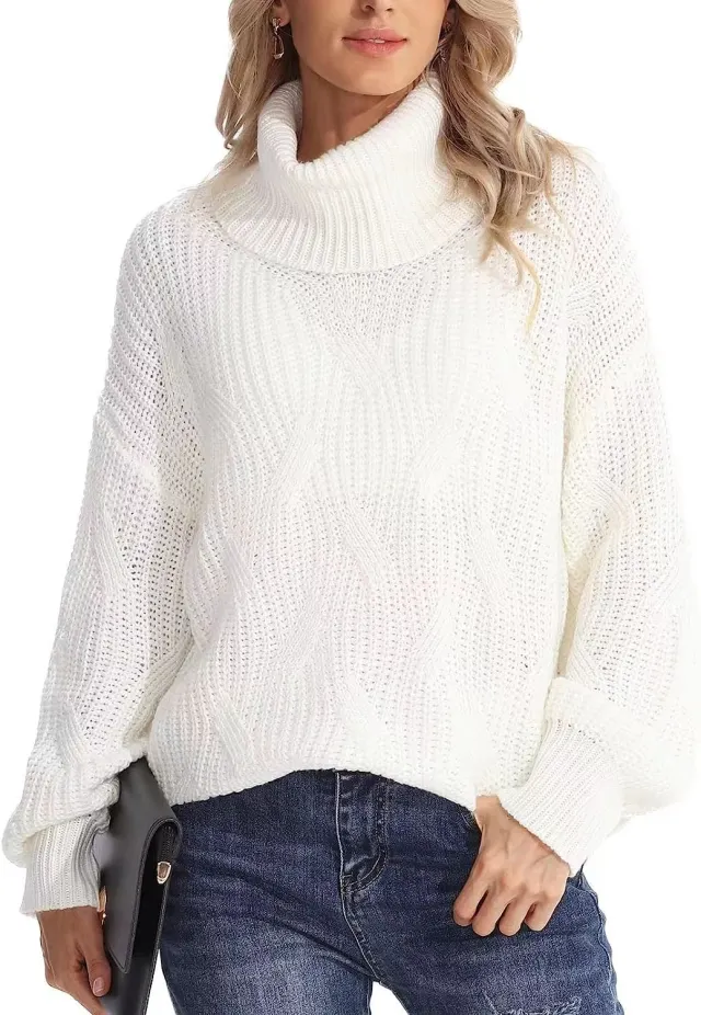 Women's Fashion Loose High Collar Twisted Knitted Sweater Pullover Long Sleeve White - Shop at LoveMi