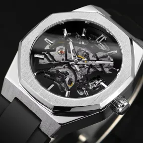 Casual Silver Hollow Skeleton Watch Front View