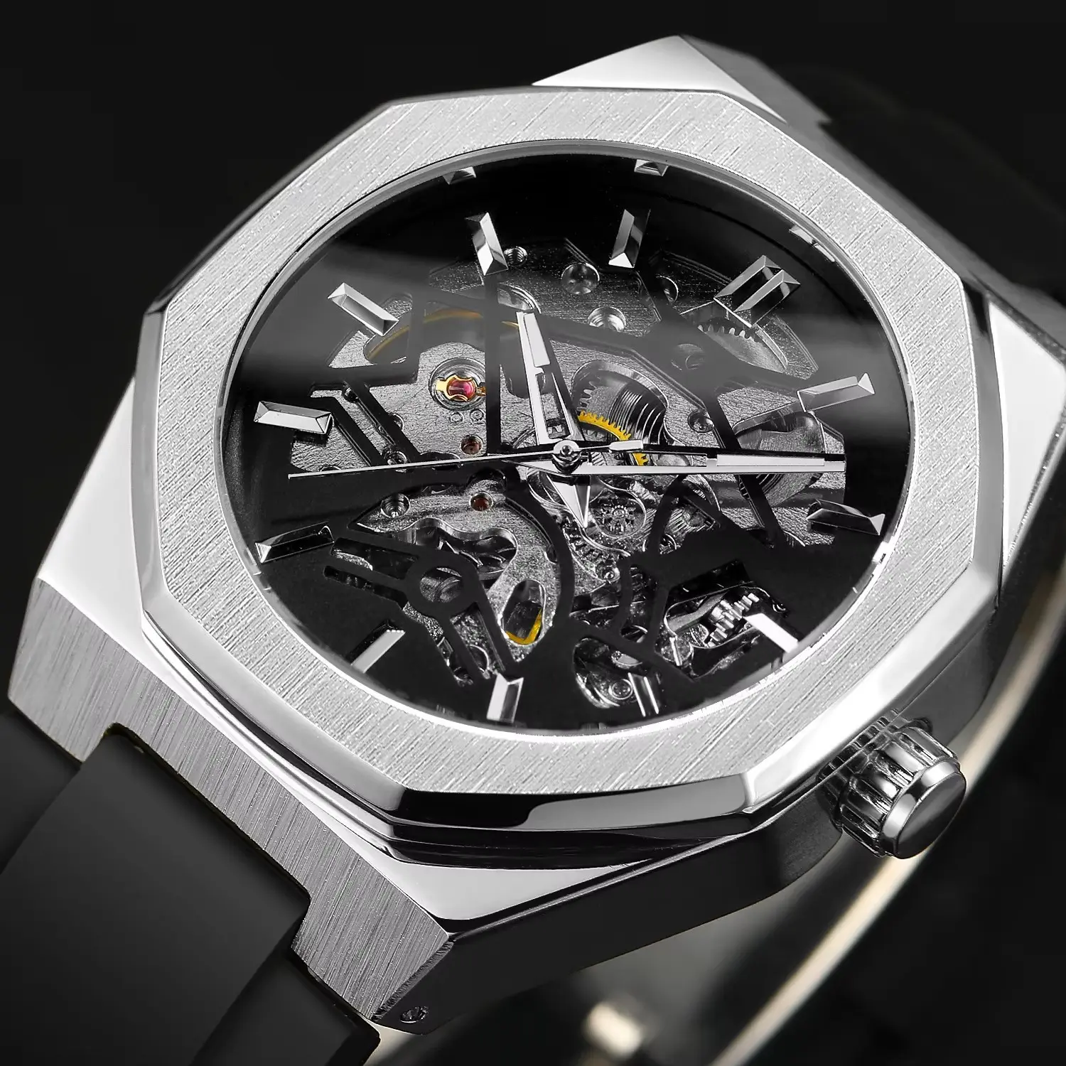 Casual Silver Hollow Skeleton Rubber-band Automatic Mechanical