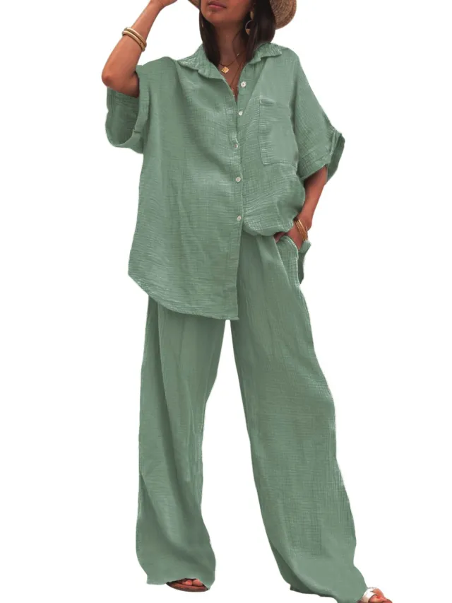Cotton And Linen Chiffon Suit Short Sleeve Women's Clothing Light Green - Shop at LoveMi