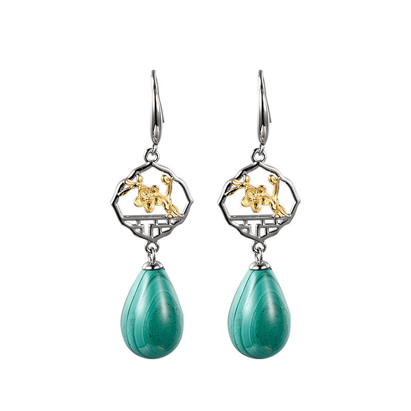 S925 Silver Chinese Ancient Style Window Plum Drop-shaped Malachite Earrings
