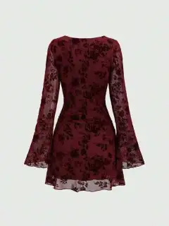 Spice Girl Mesh Flocked Crew Neck Flare-Sleeve Dress - Red - View 1