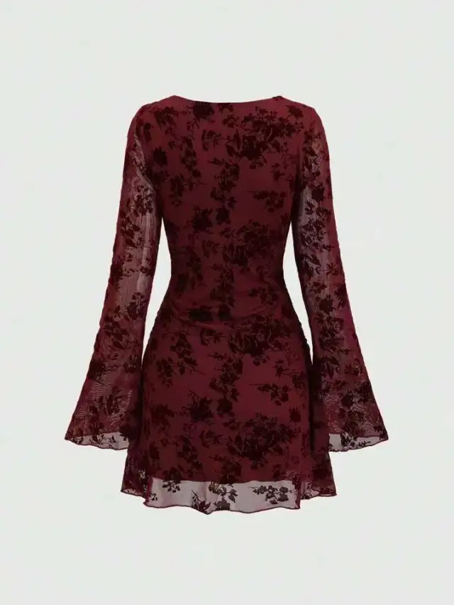 Spice Girl Mesh Flocked Crew Neck Flare Sleeve Dress Red - Shop at LoveMi