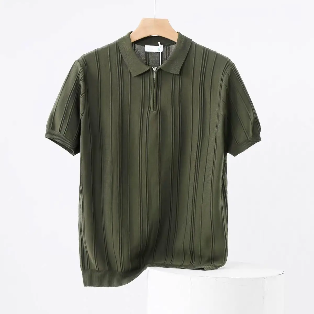Mens Striped Half-Zip Short-Sleeve Polo Shirt