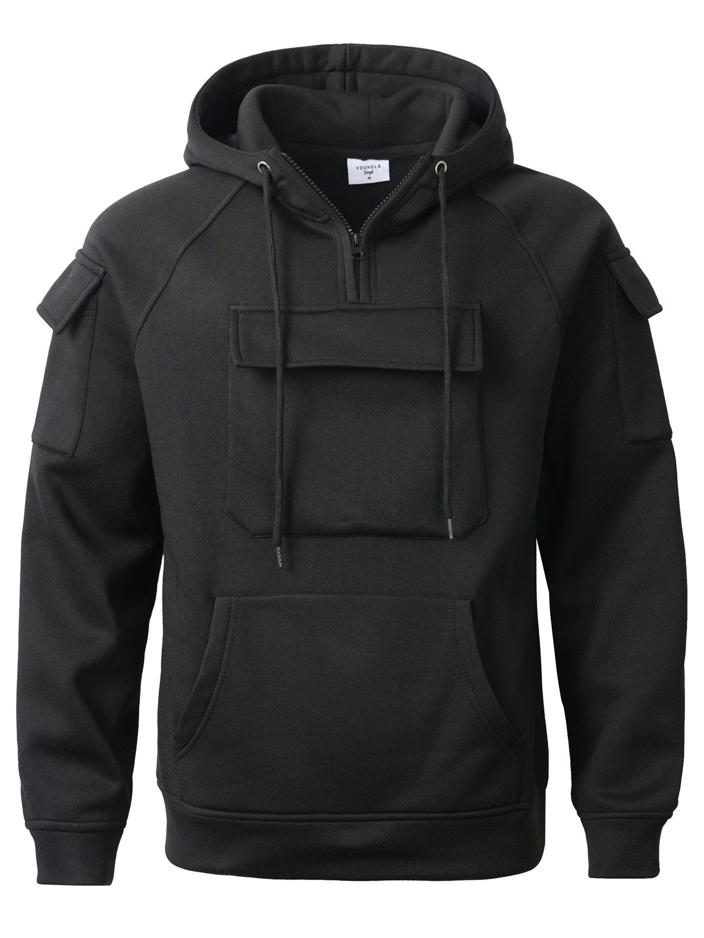 Men's Utility-Pocket Quarter-Zip Hoodie - black full front view