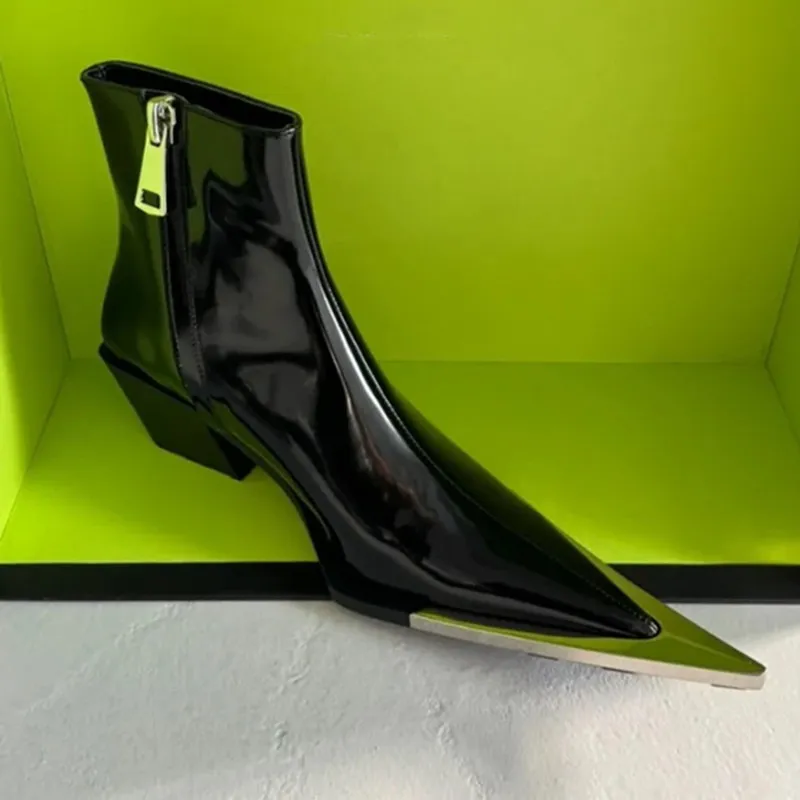 Chunky Heel Metal Toe High Heel Side Zipper Ankle Boots - Black