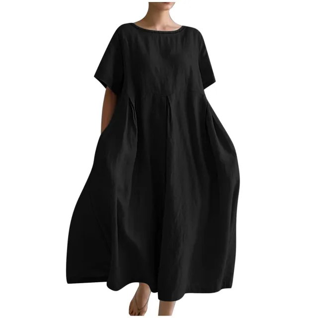 Women's Cotton And Linen Loose Round Neck Short Sleeve Black - Shop at LoveMi