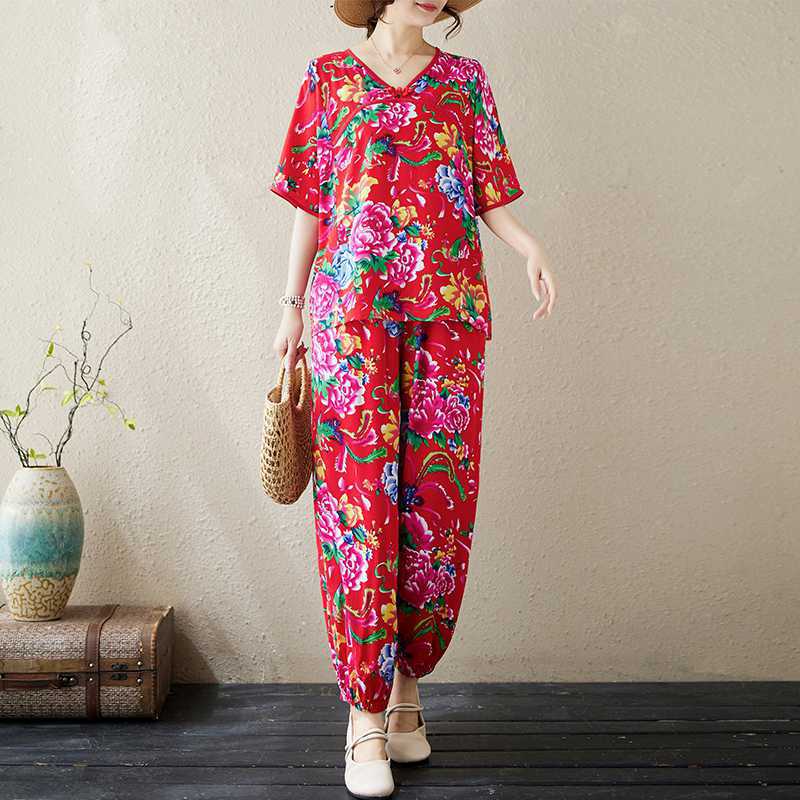 V-neck Frog Button New Chinese Style Northeast Chain Link Fencing Red Style Top Ankle-tied Anti Mosquito Pants Two-piece Set