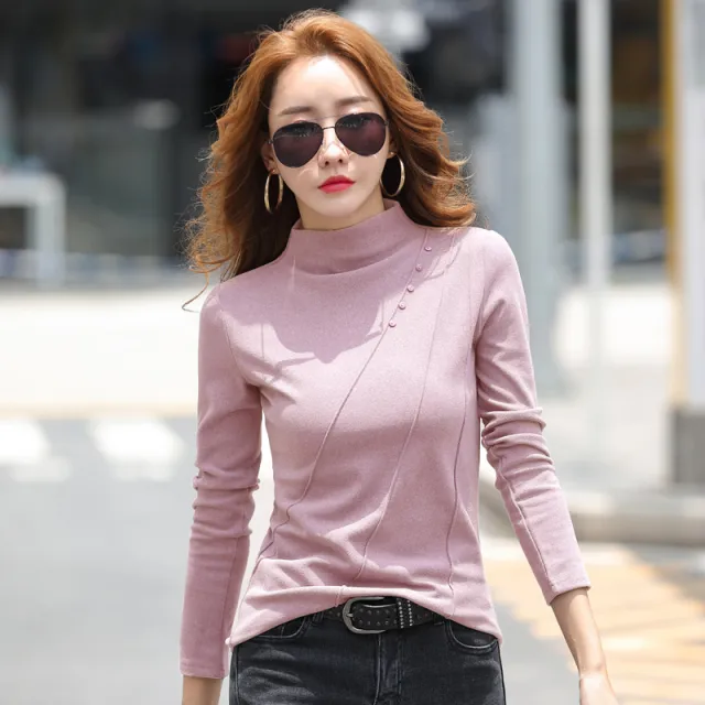 Women's Long sleeved Bottoming Shirt Half Turtleneck Tight Top Leather Pink - Shop at LoveMi