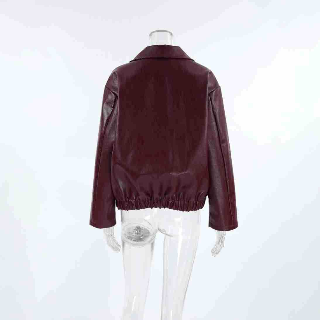 Title 9, Giacca in pelle opaca rosso vino stile biker re...