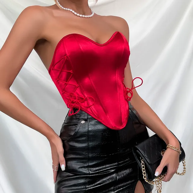 Sexy Chic Lace up Solid color Tube Top, Street style Backless Fishbone Waist Cincher Vest Wine - Shop at LoveMi
