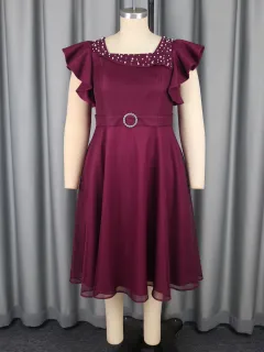 Summer Mesh Butterfly Sleeve Ruffles Party Wedding Guest Elegant Dress - Wine Red - View 1