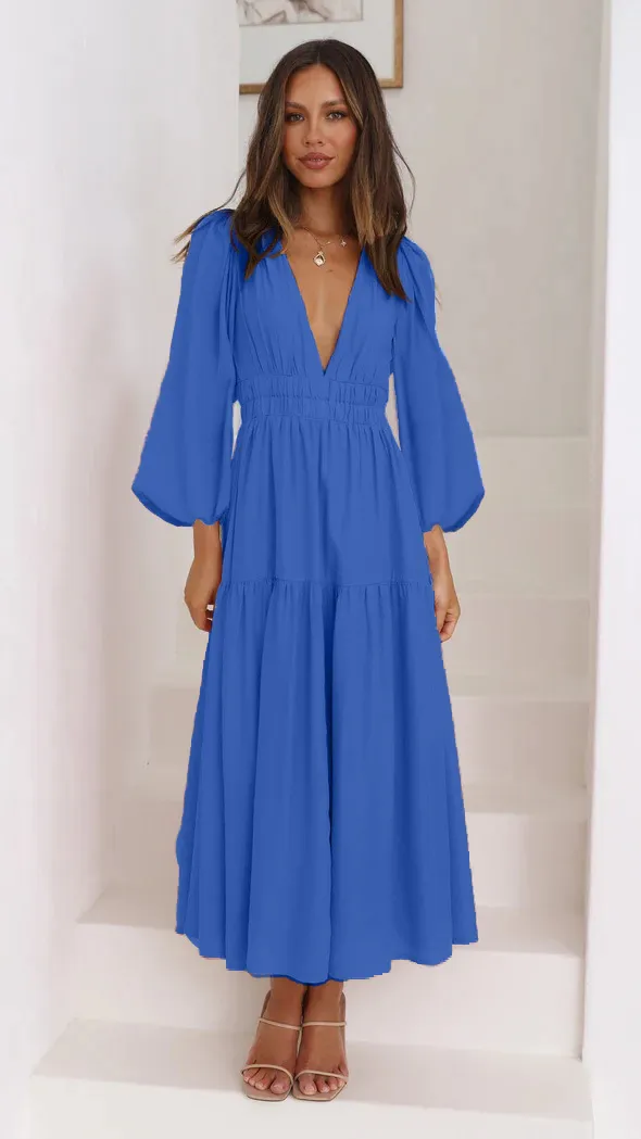 V neck Waist controlled Long Sleeves Dress Women Blue - Shop at LoveMi